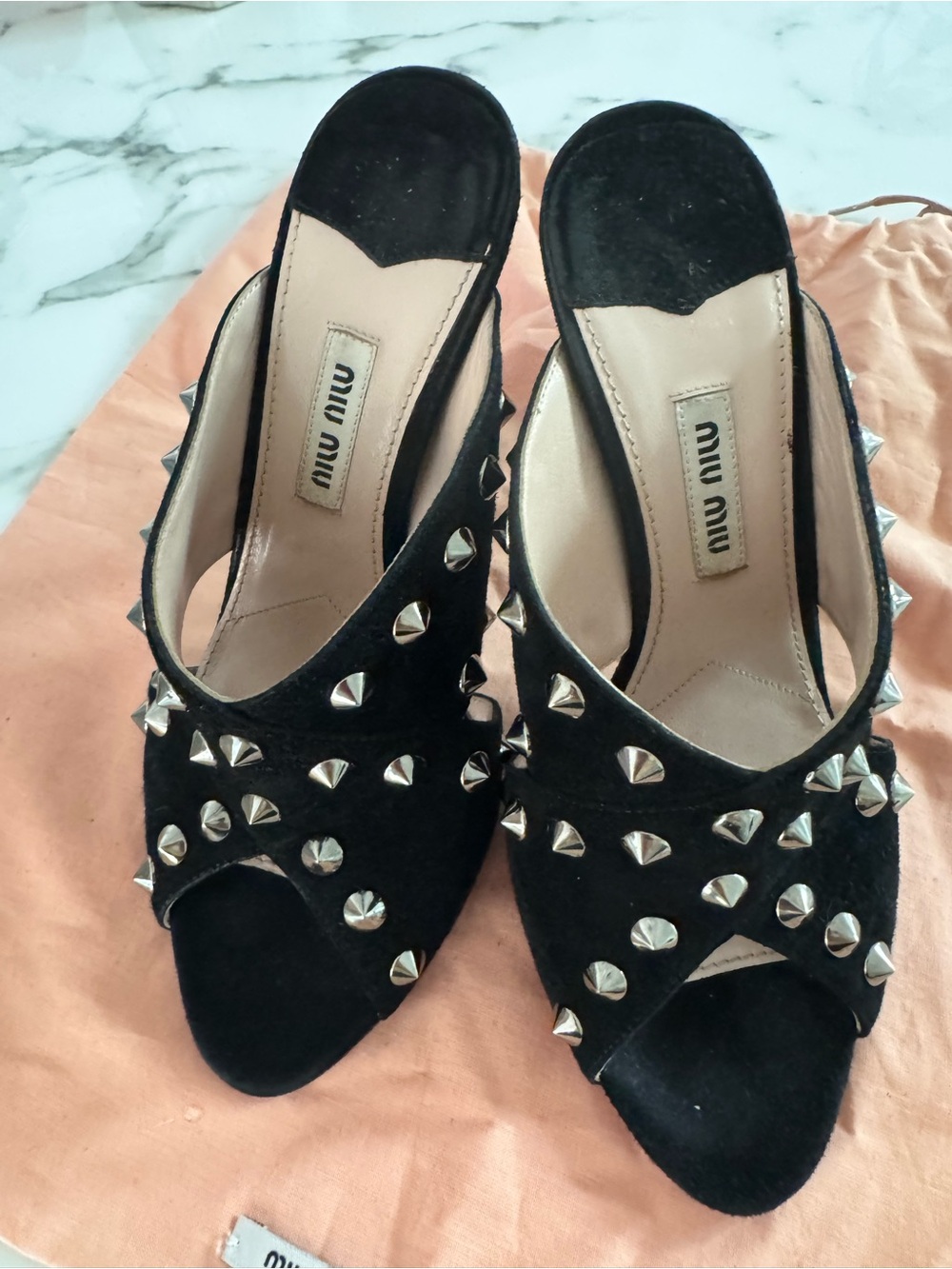 Miu Miu Black Suede Studded Open-Toe Heels
